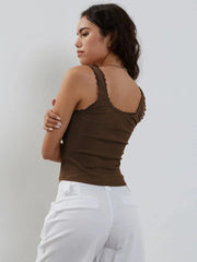 Brown Lace-Trimmed Ribbed Crop Top