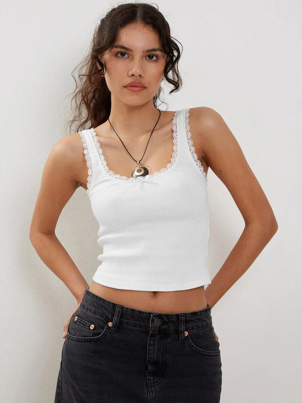 Lace-Trimmed Sleeveless Ribbed Crop Top