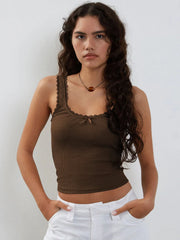 Brown Lace-Trimmed Ribbed Crop Top