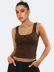 Brown Lace-Trimmed Ribbed Crop Top