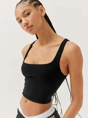 Black Ribbed Square-Neck Crop Top