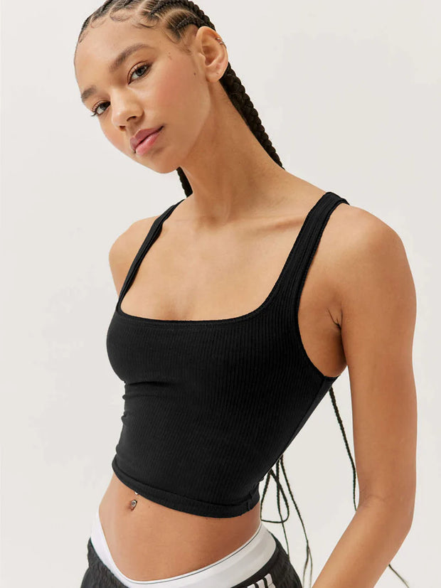 Black Ribbed Square-Neck Crop Top