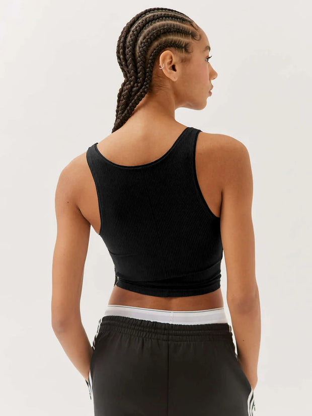 Black Ribbed Square-Neck Crop Top