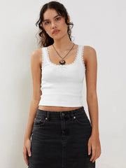 Lace-Trimmed Sleeveless Ribbed Crop Top