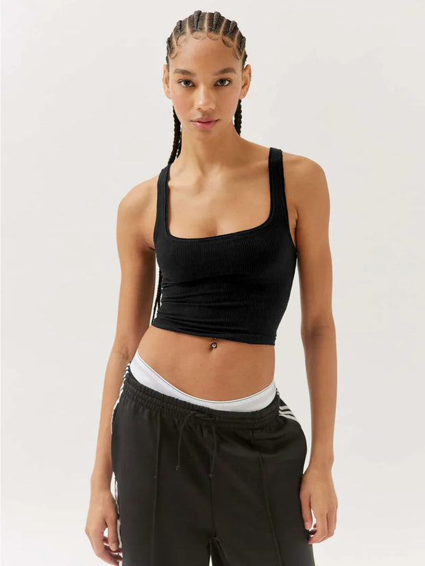 Black Ribbed Square-Neck Crop Top