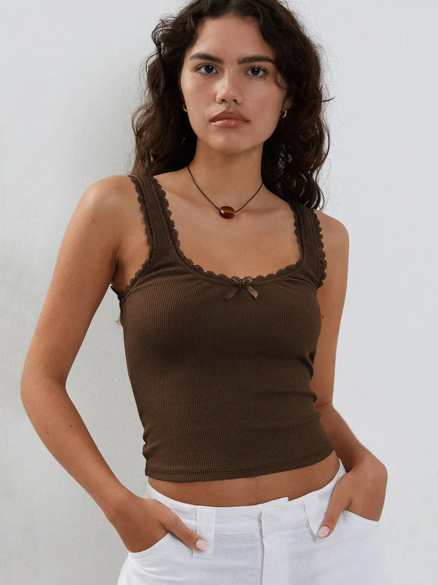 Brown Lace-Trimmed Ribbed Crop Top