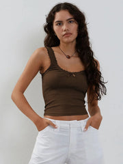 Brown Lace-Trimmed Ribbed Crop Top