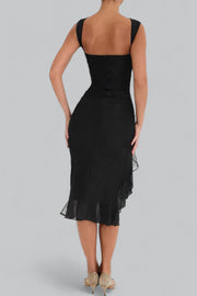 Elegant Midi Dress with Ruffle Ruched Design