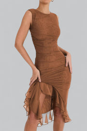 Elegant Midi Dress with Ruffle Ruched Design