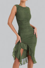 Elegant Midi Dress with Ruffle Ruched Design