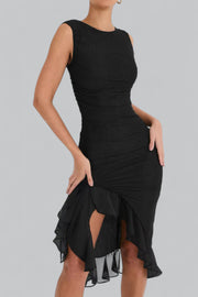 Elegant Midi Dress with Ruffle Ruched Design